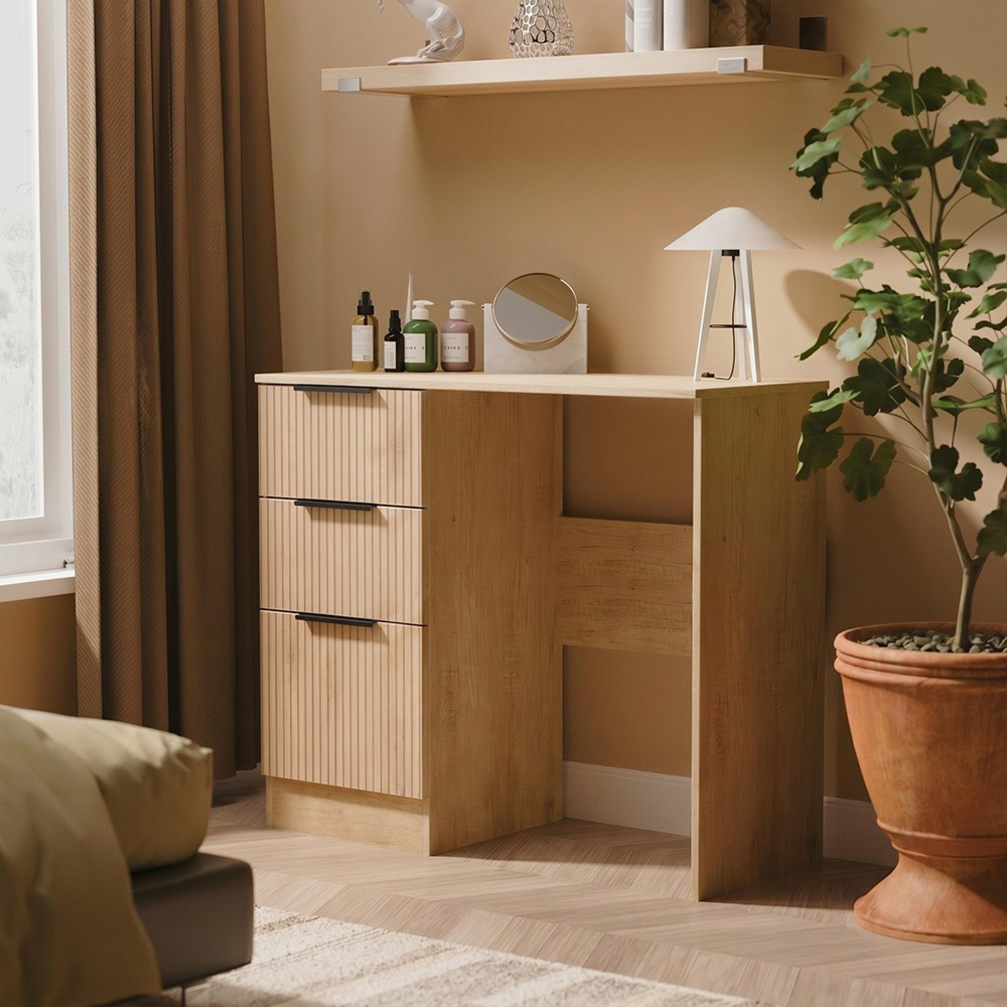 Java Fluted Dressing Table - 3 Drawer - Single - Natural and Nebraska