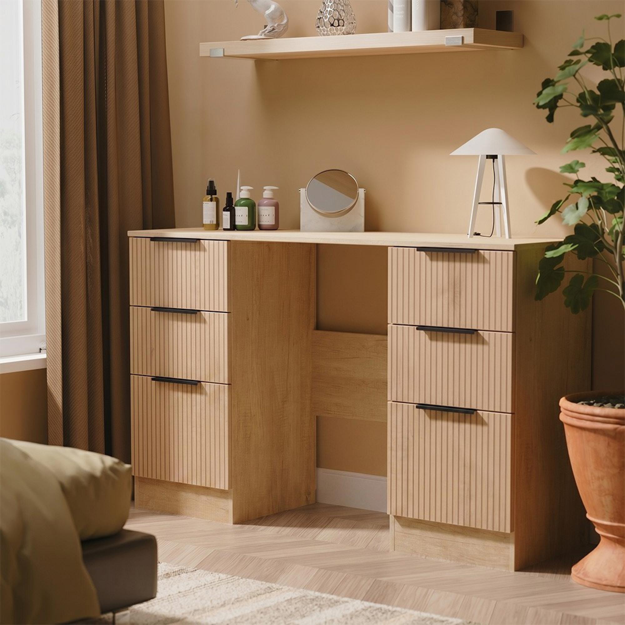 Java Fluted Dressing Table - 6 Drawer - Double - Natural and Nebraska