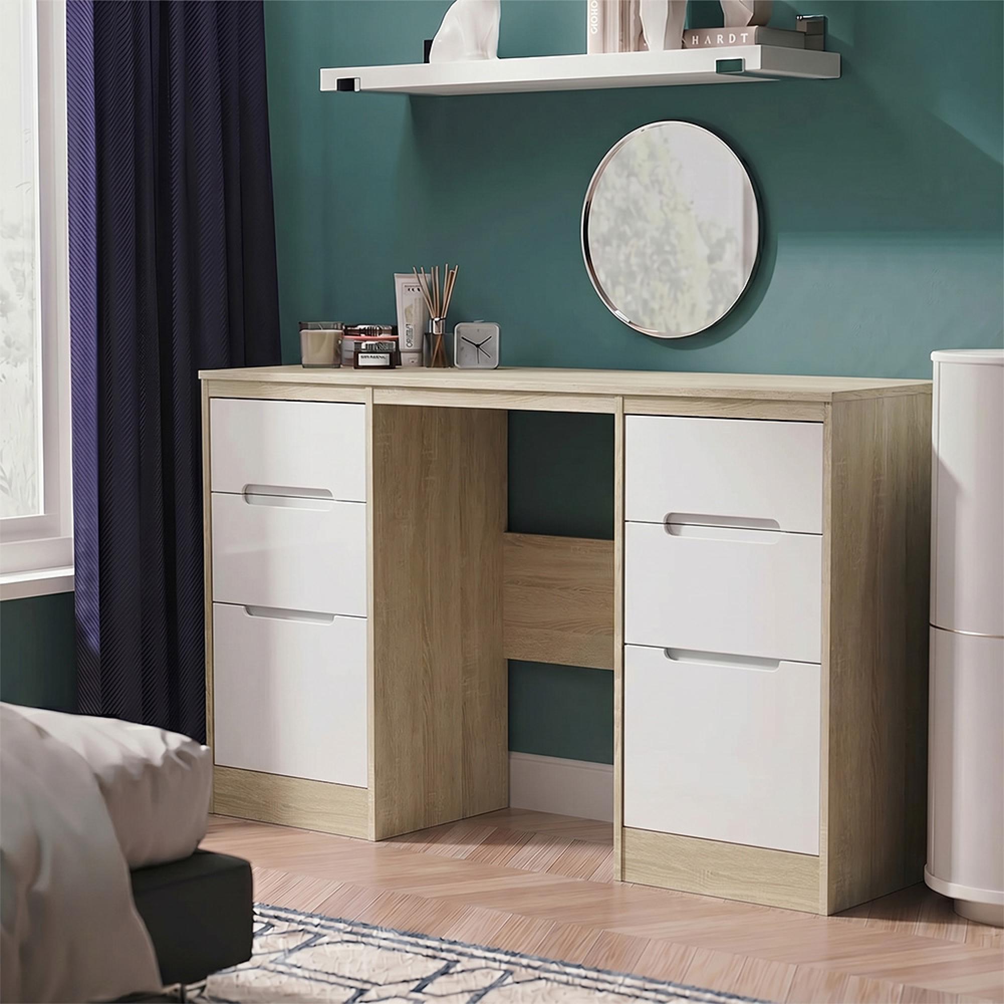 Monaco Dressing Table - Double - 6 Drawer - White Matt and Oak
