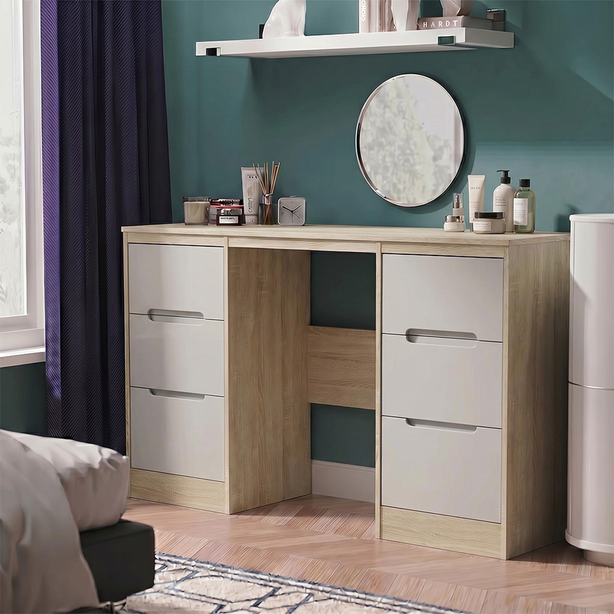 Monaco Dressing Table - Double - 6 Drawer - Cashmere Matt and Oak