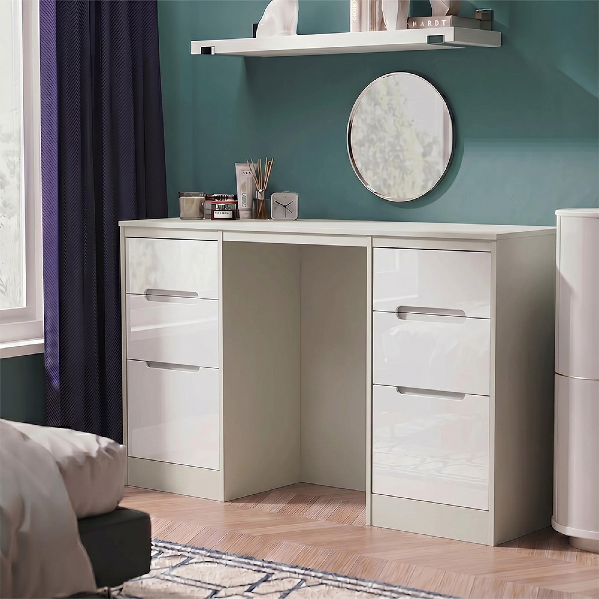 Monaco Dressing Table - Double - 6 Drawer - White Gloss and Cashmere