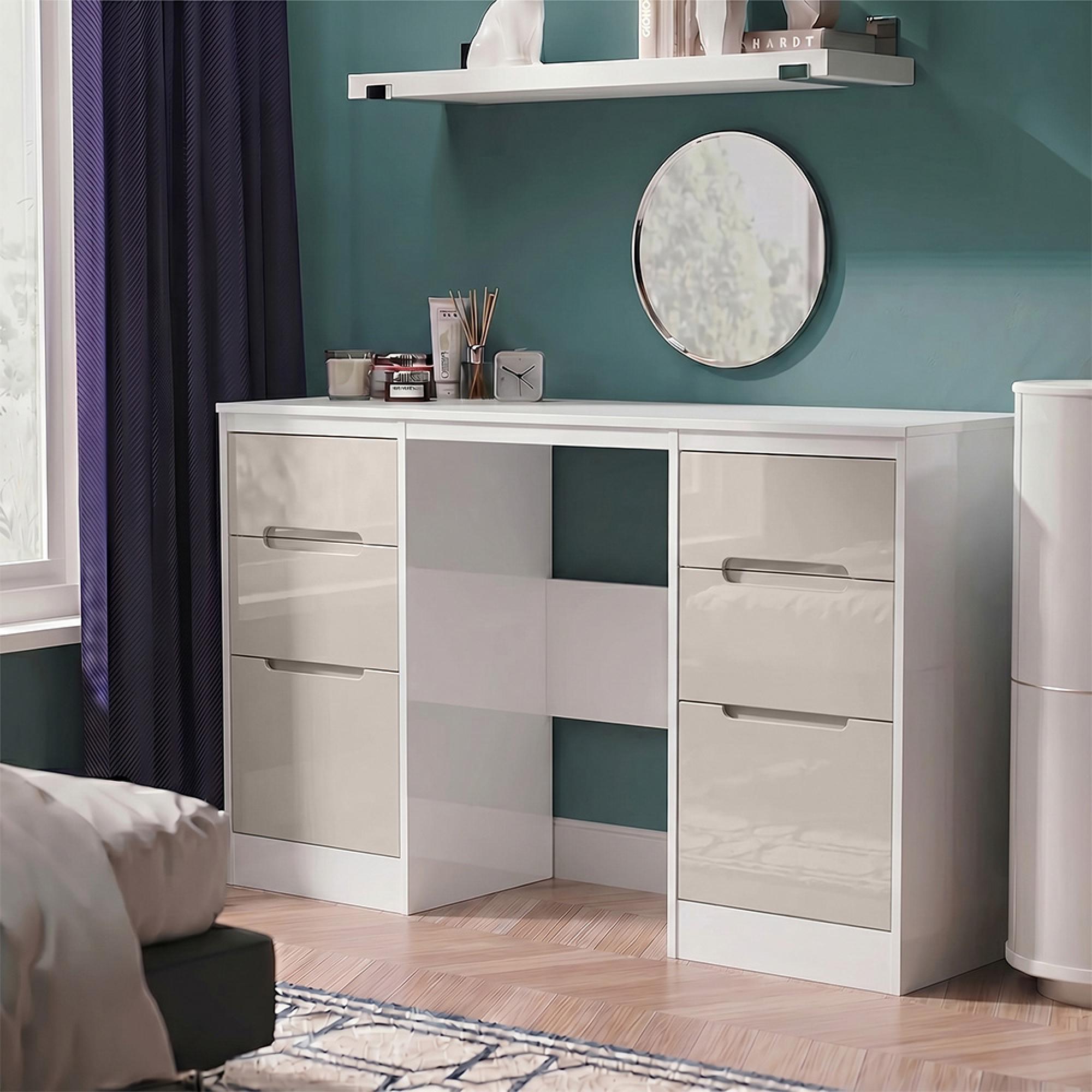 Monaco Dressing Table - Double - 6 Drawer - Cashmere Gloss and White