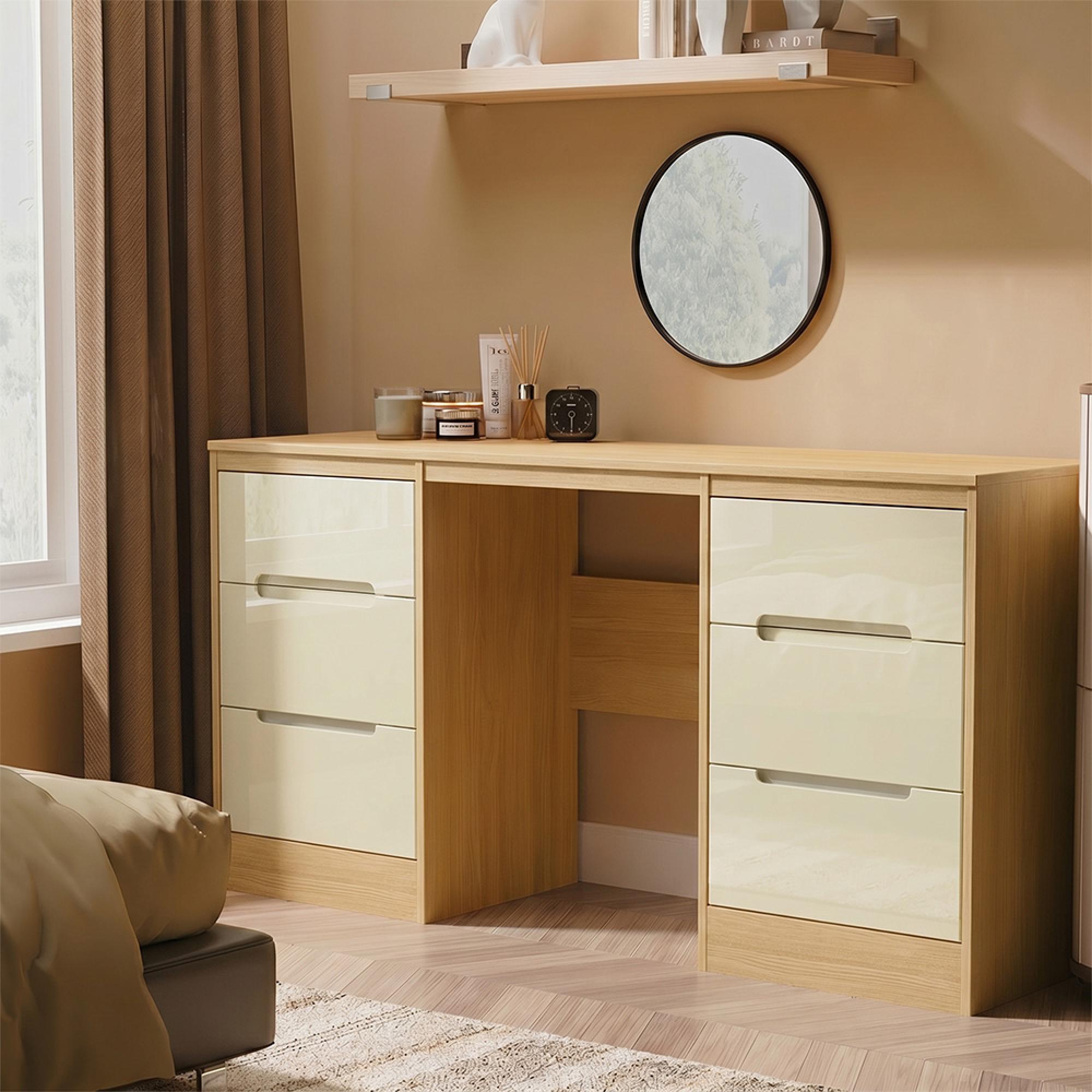 Monaco Dressing Table - Double - 6 Drawer - Cream Gloss and Light Oak