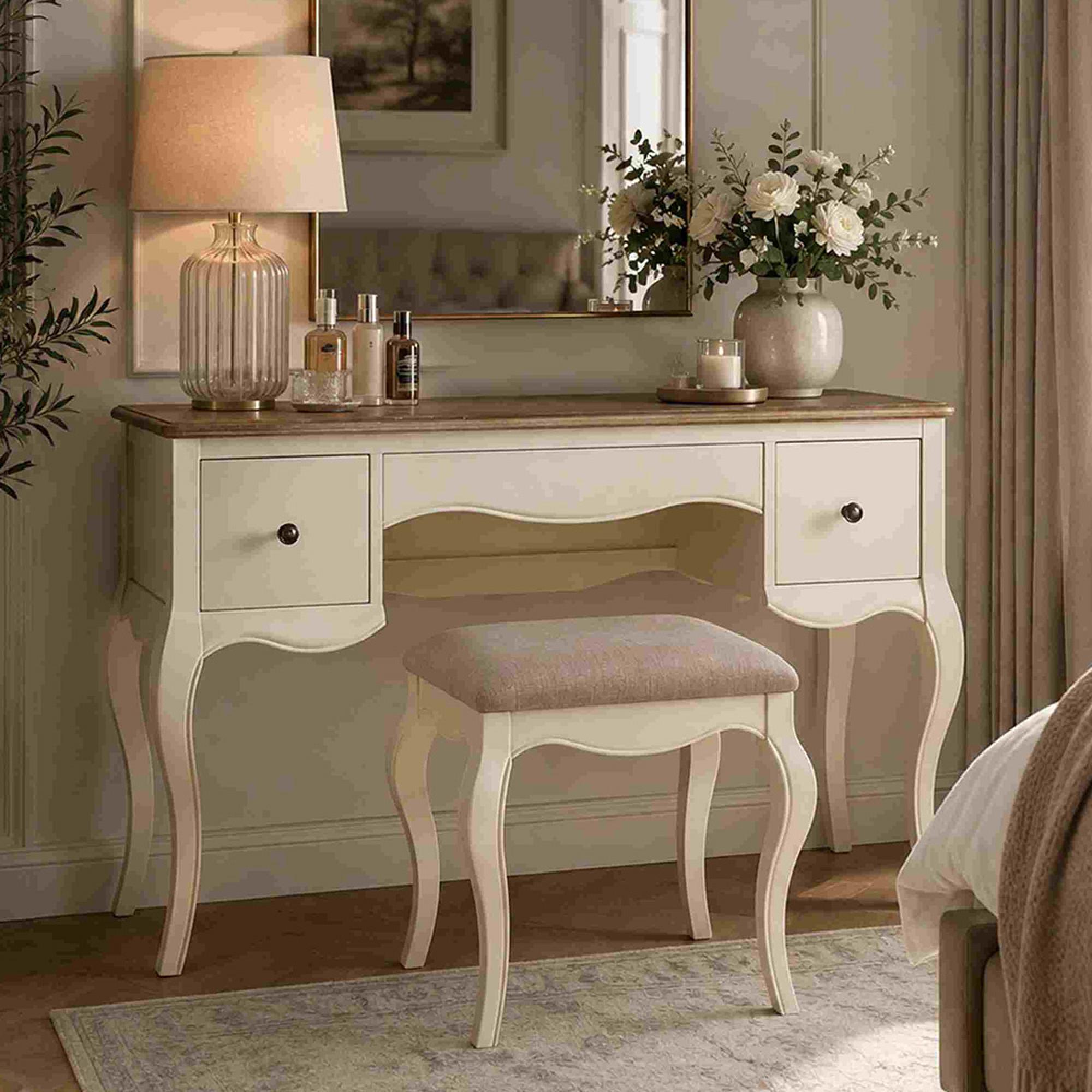 Camille Dressing Table with Stool - 3 Drawer - French Style - Ivory