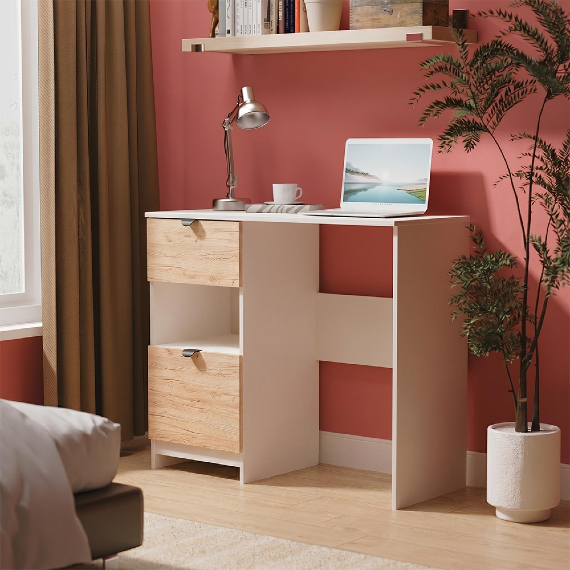 Bora Dressing Table - 2 Drawer - Open Shelf - Single - Gold Craft Oak and Kashmir Matt