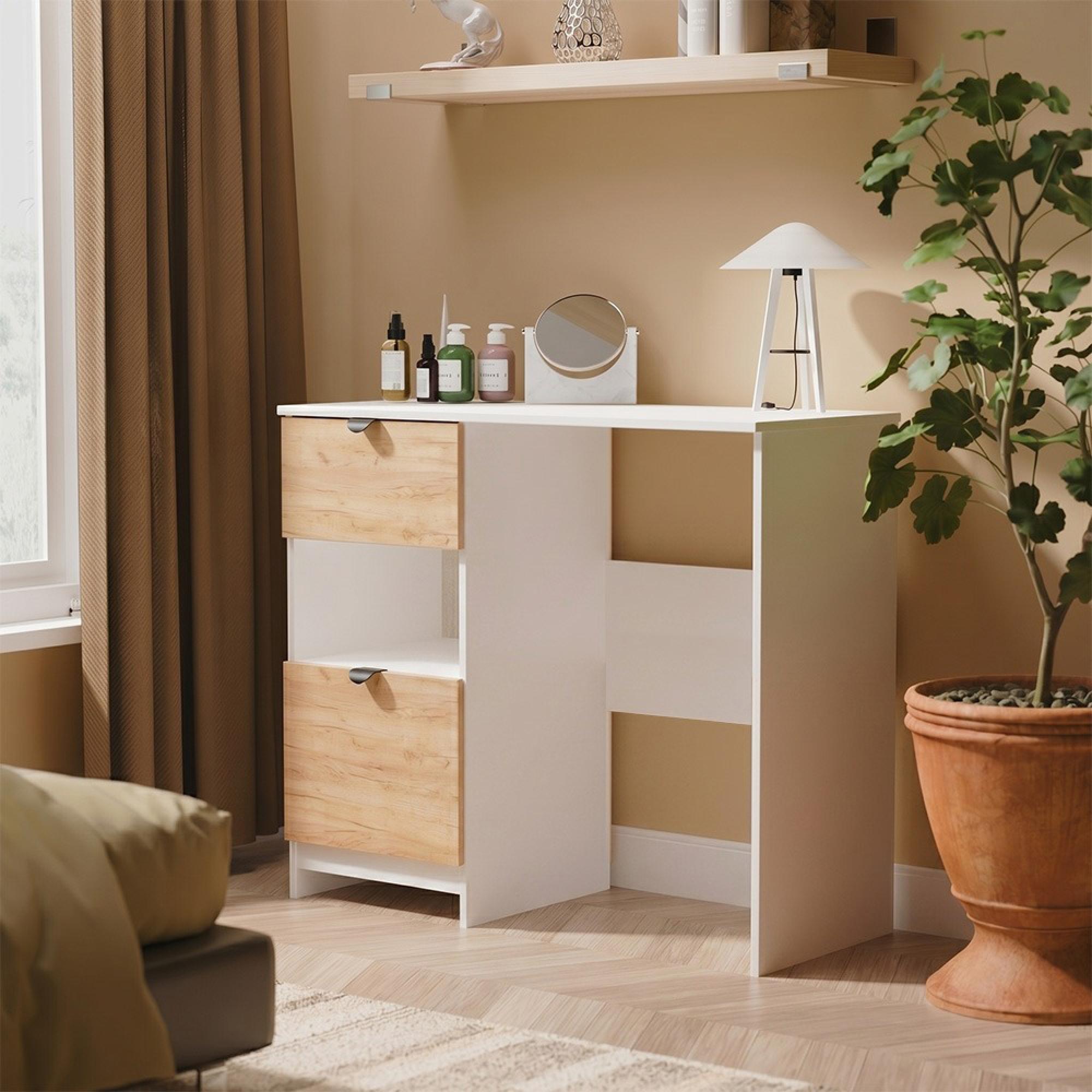Bora Dressing Table - 2 Drawer - Open Shelf - Single - Gold Craft Oak and White Matt