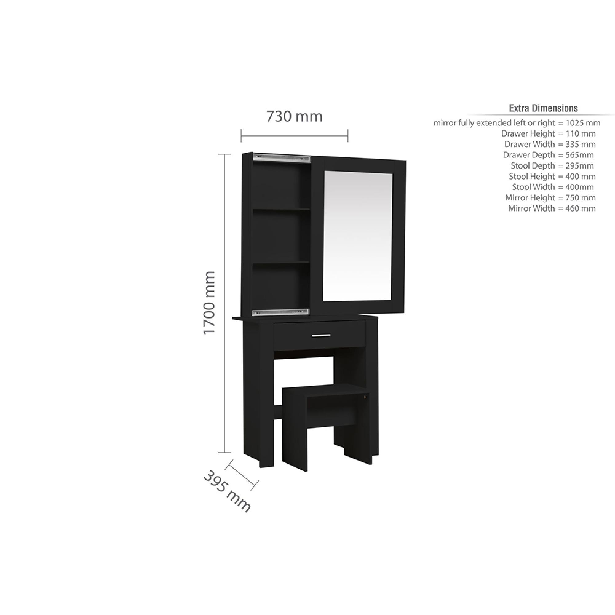 Evelyn Sliding Mirror Dressing Table - 1 Drawer - Black