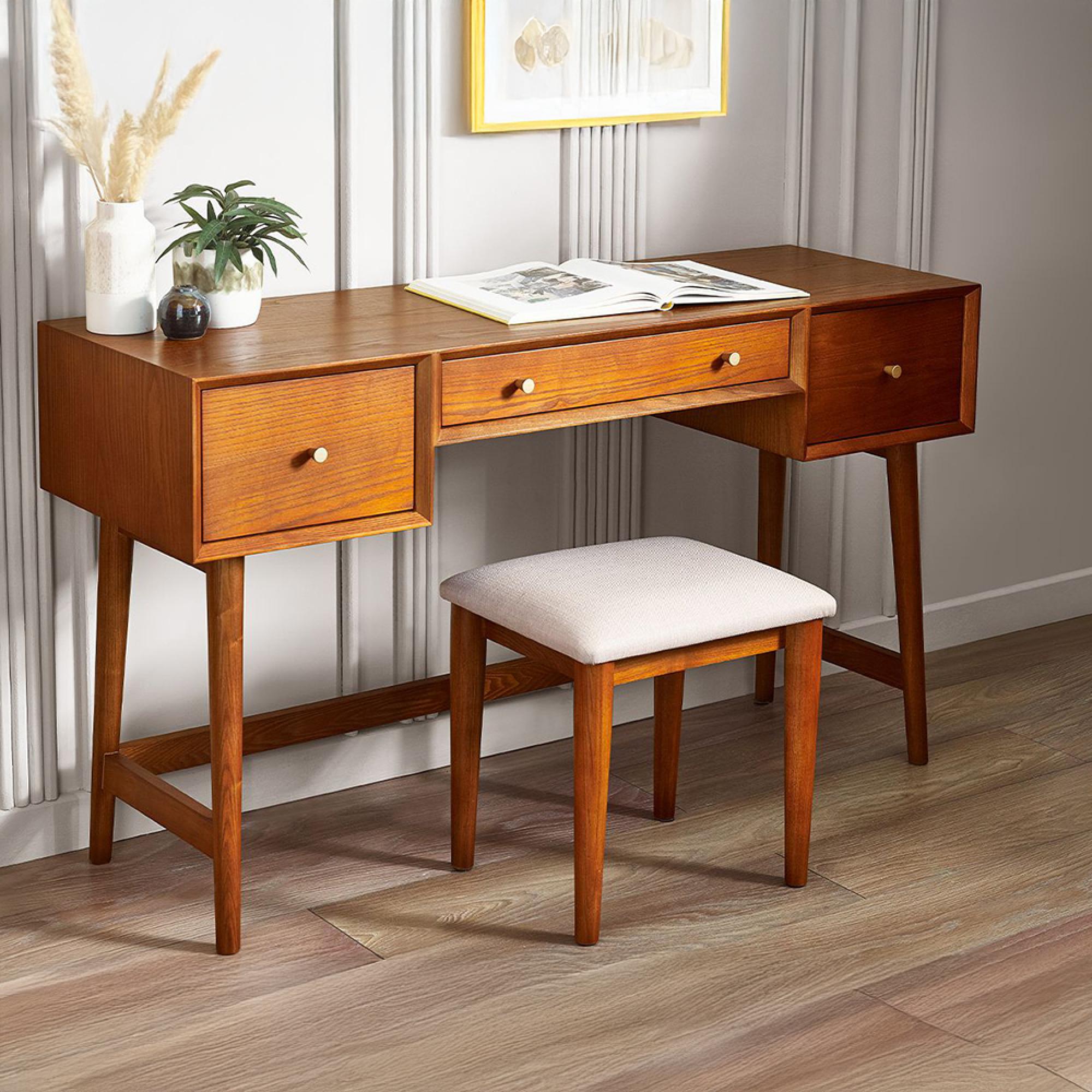 Lowry Dressing Table with Stool - 3 Drawer - Cherry Wood - Retro Style