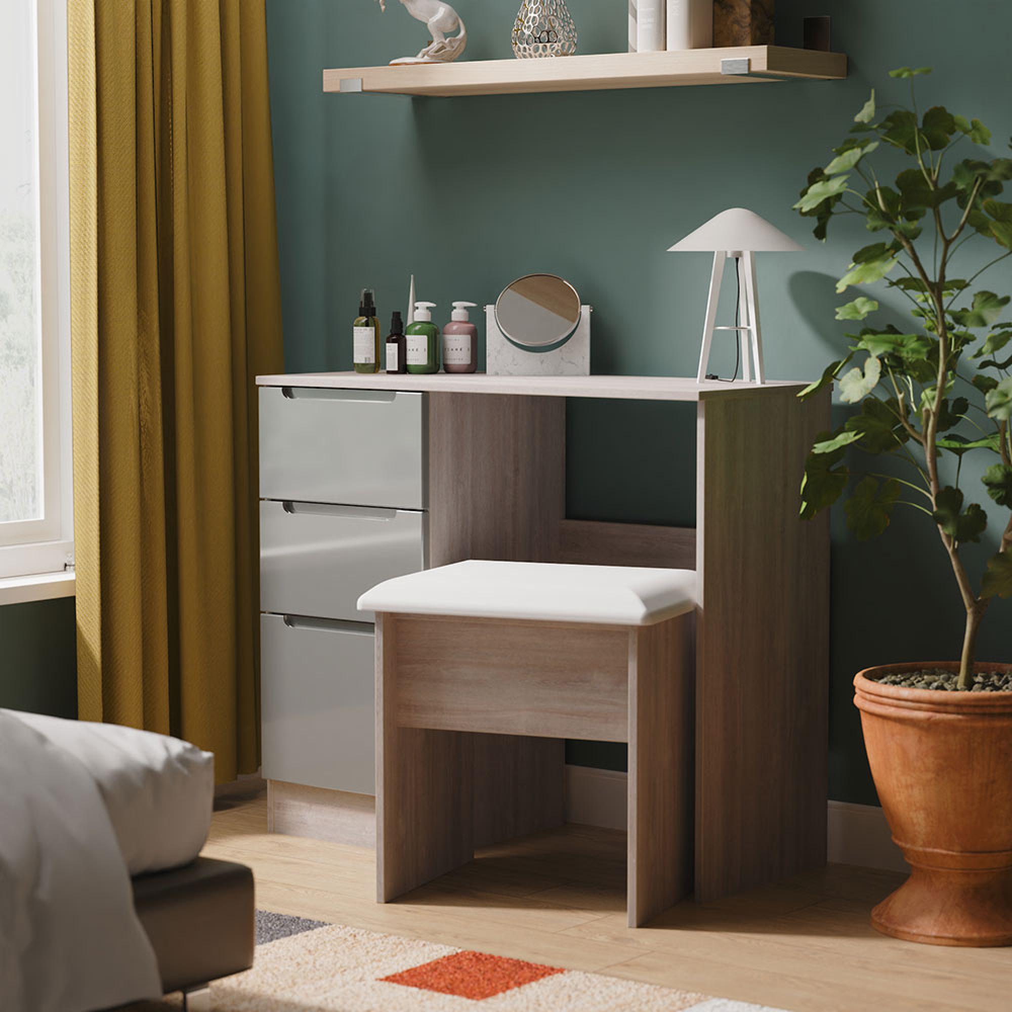 Milan Grey Gloss and Grey Oak 3 Drawer Single Dressing Table