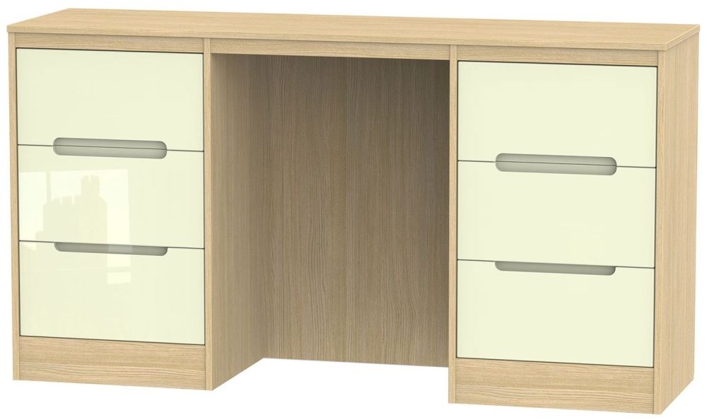 Monaco Cream Gloss and Light Oak 6 Drawer Double Dressing Table