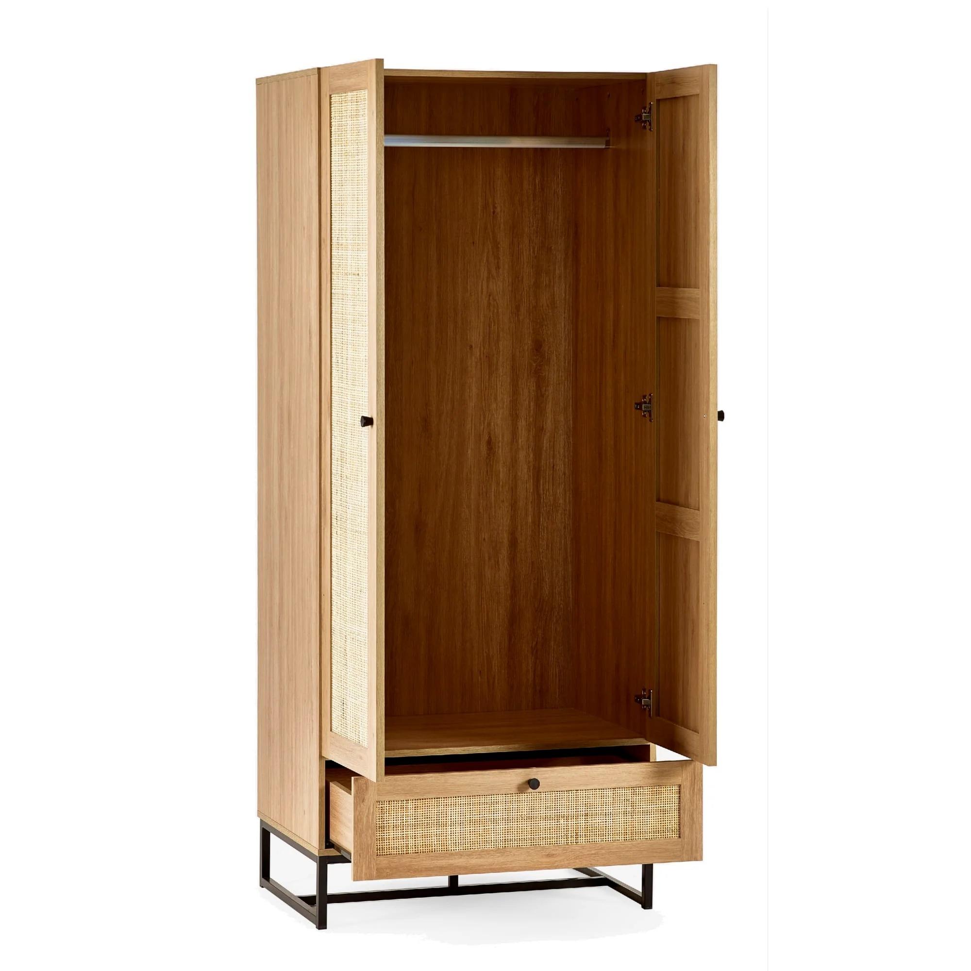 Padstow Double Wardrobe - 2 Door - 1 Drawer - Oak and Rattan