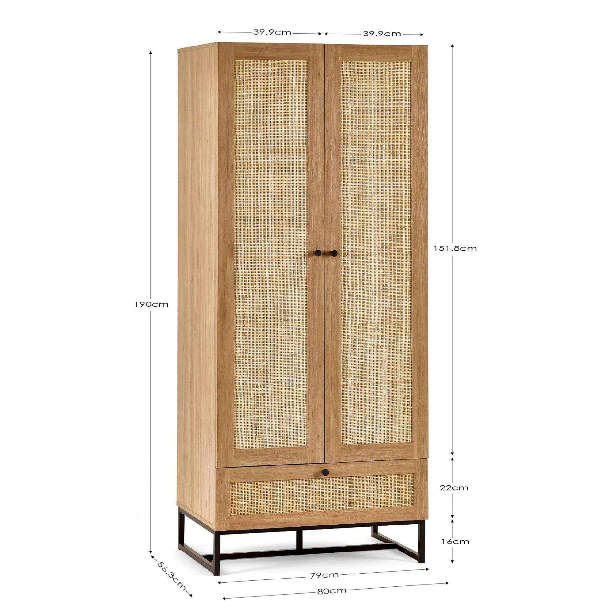 Padstow Double Wardrobe - 2 Door - 1 Drawer - Oak and Rattan