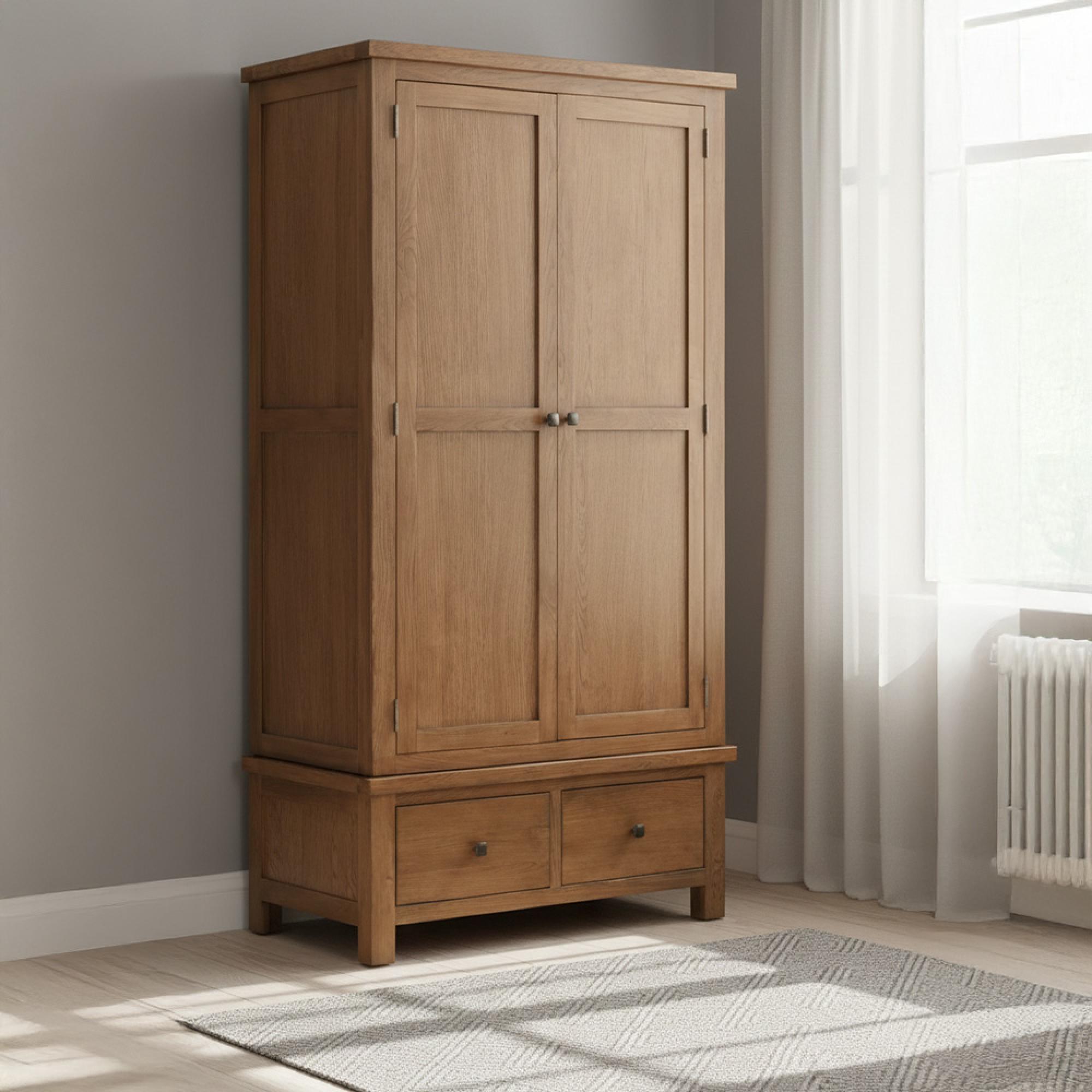 Original Rustic Oak 2 Door 2 Drawer Double Wardrobe