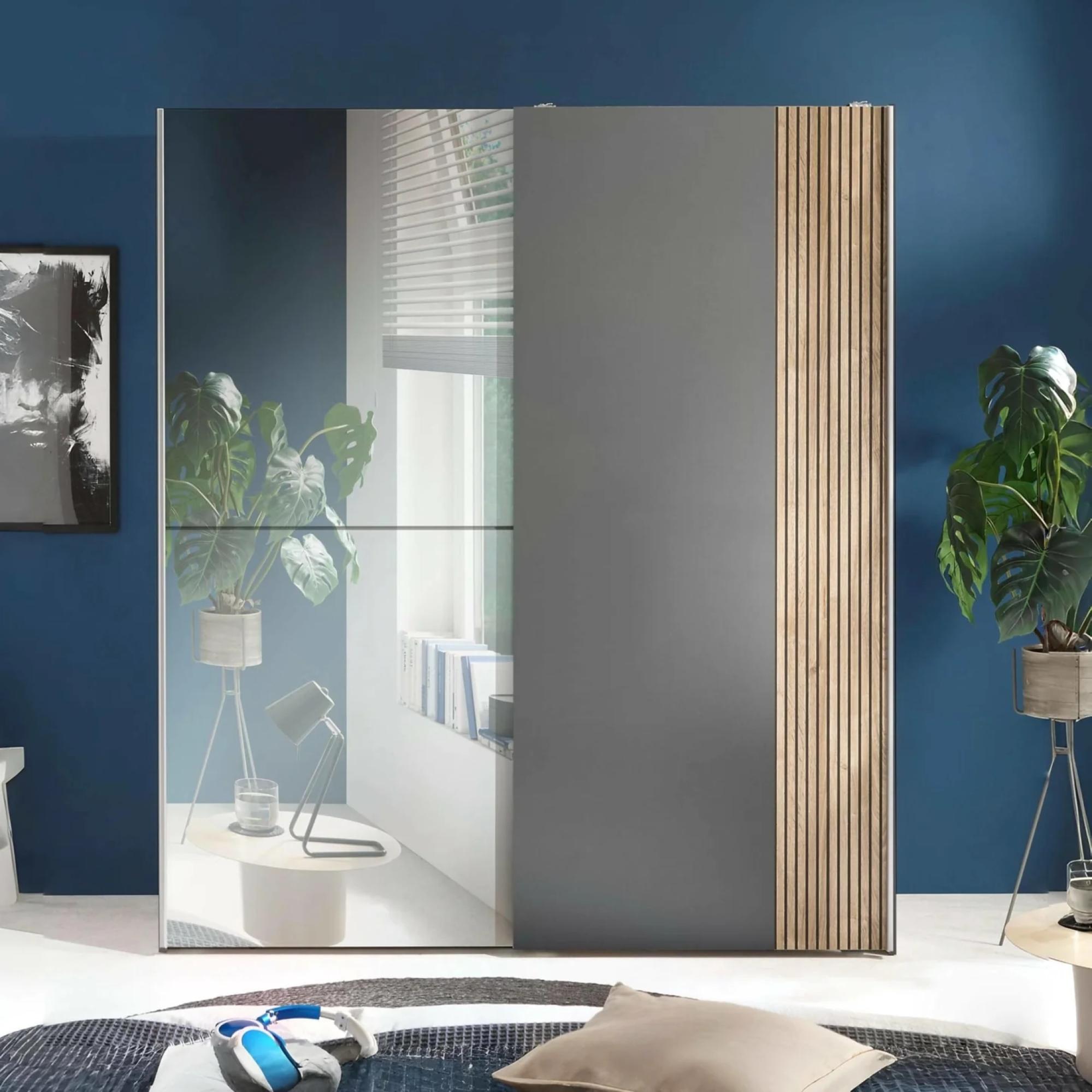 Berno Fluted Oak and Dark Grey Sliding Mirror Wardrobe - 2 Door