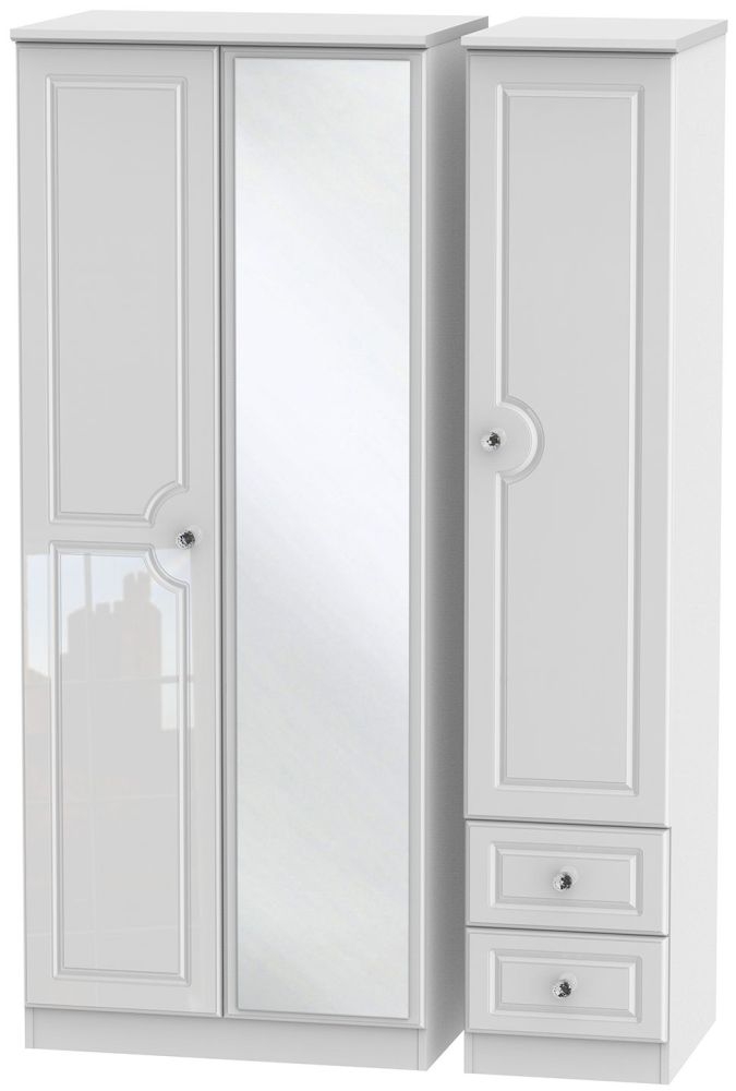 Balmoral Wardrobe - 3 Door - Combi - with 1 Mirror - and RHF 2 Drawers - White Gloss