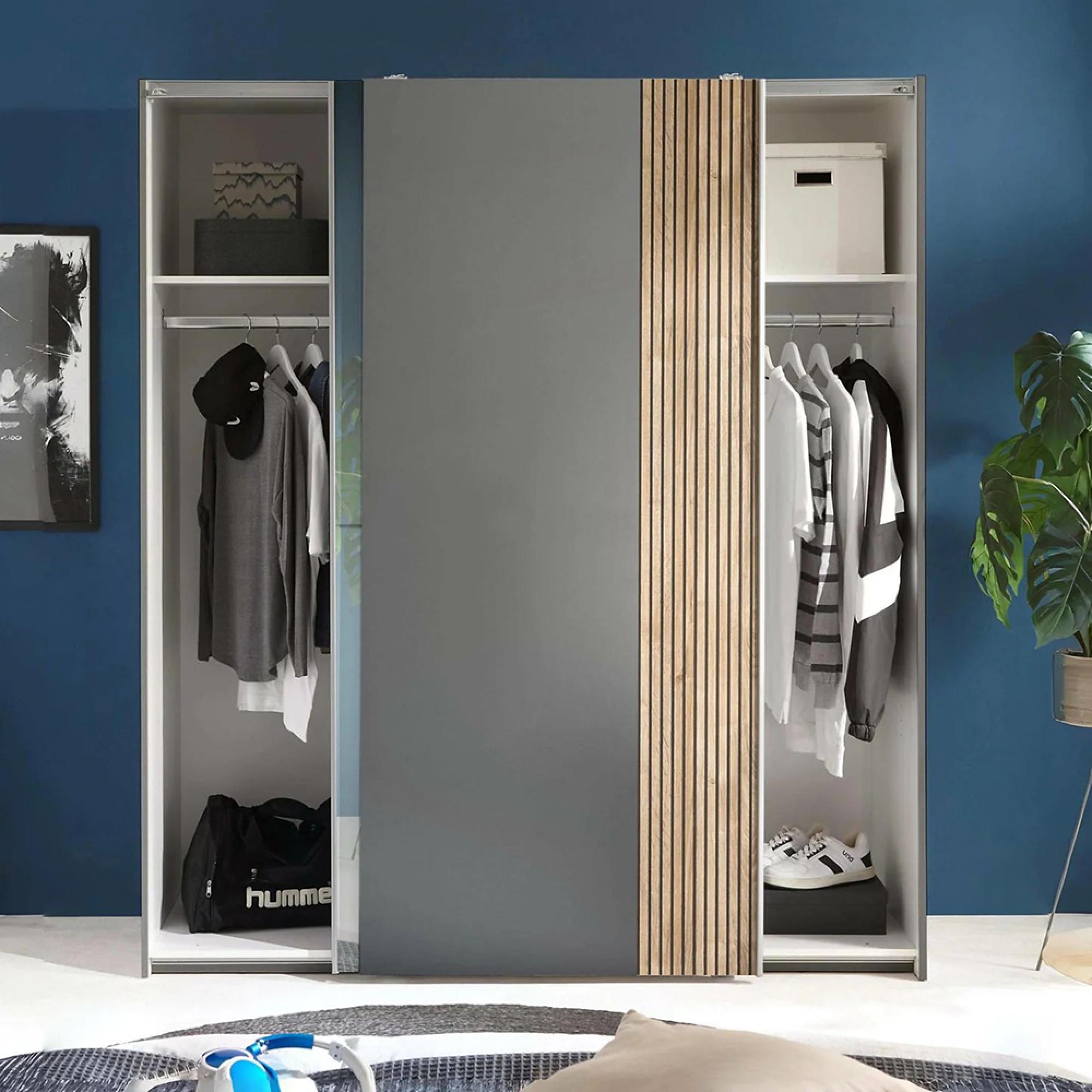 Berno Fluted Oak and Dark Grey Sliding Mirror Wardrobe - 2 Door