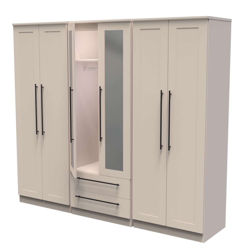 Beverley Wardrobe - 6 Door - Tall Mirror Combi - Cashmere