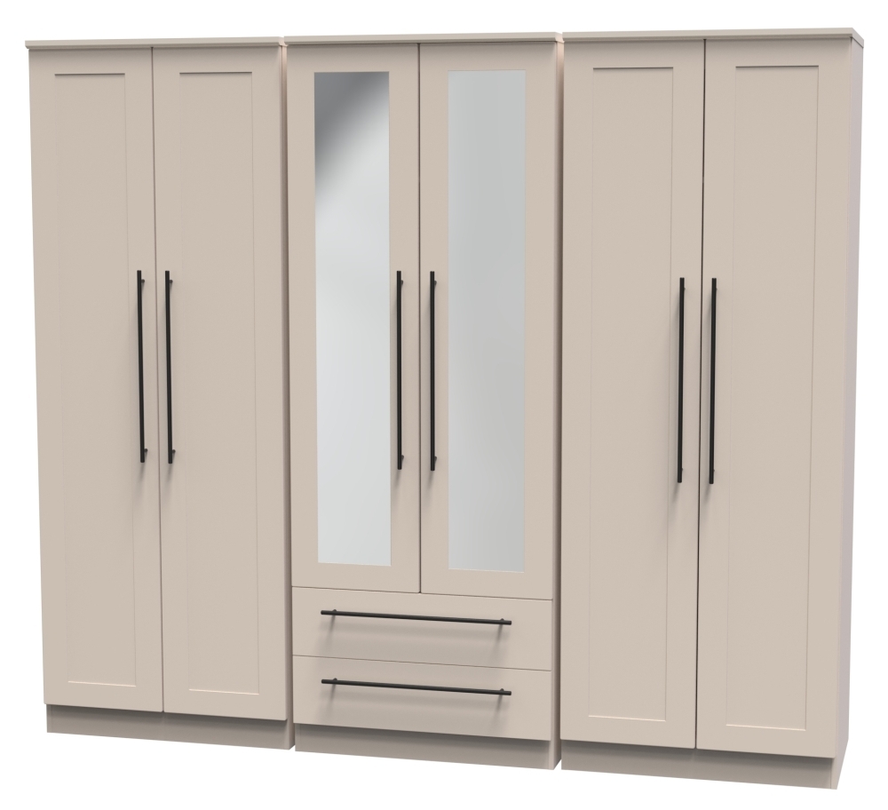 Beverley Wardrobe - 6 Door - Tall Mirror Combi - Cashmere