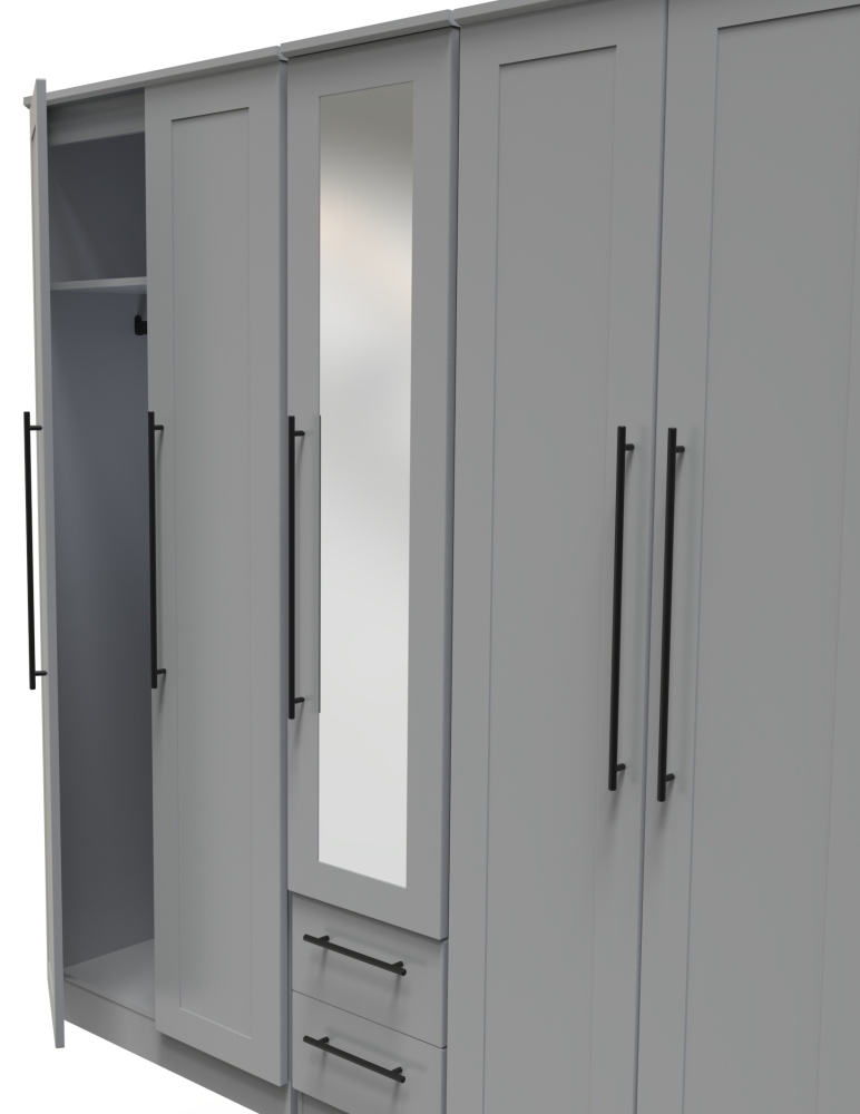 Beverley Wardrobe - 5 Door - Tall Mirror - Grey