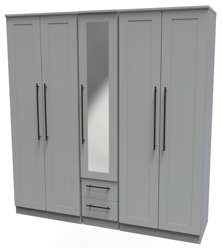 Beverley Wardrobe - 5 Door - Tall Mirror - Grey