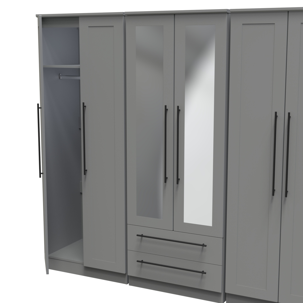 Beverley Wardrobe - 6 Door - Tall Mirror Combi - Grey