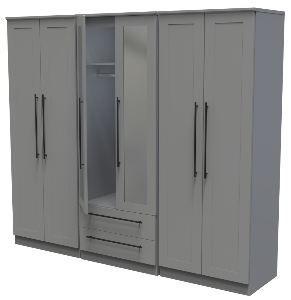Beverley Wardrobe - 6 Door - Tall Mirror Combi - Grey