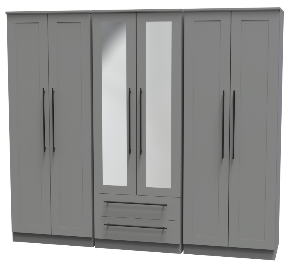 Beverley Wardrobe - 6 Door - Tall Mirror Combi - Grey