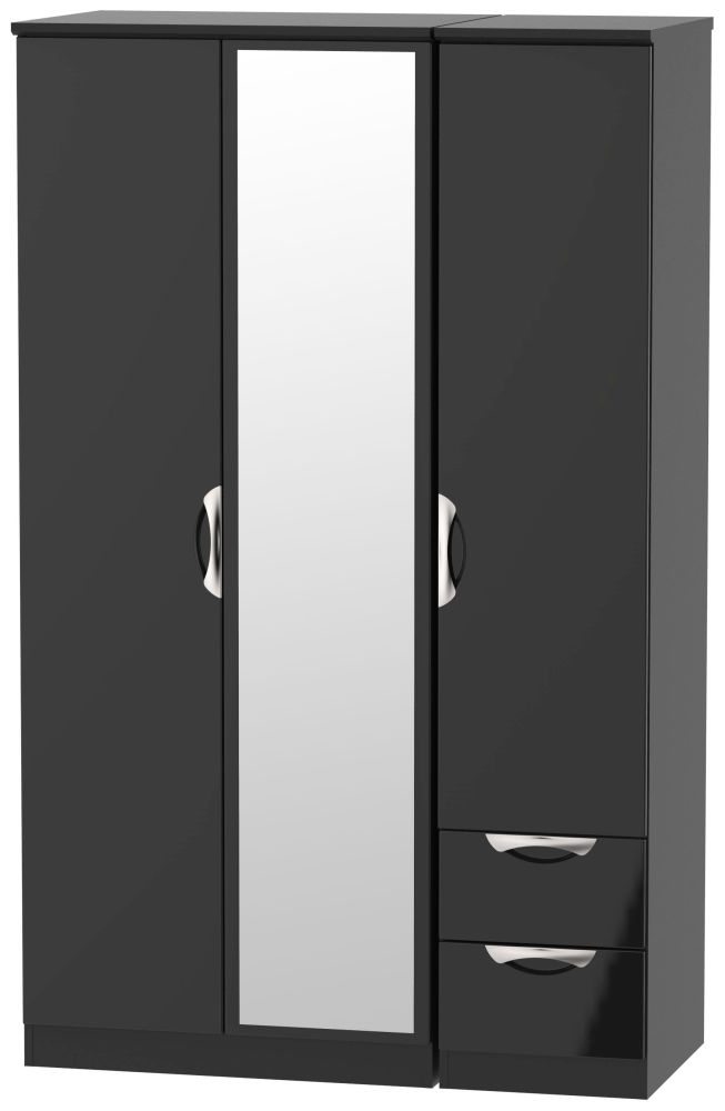 Camden Wardrobe - 3 Door - Combi with 1 Mirror and RHF 2 Drawers - Black Gloss