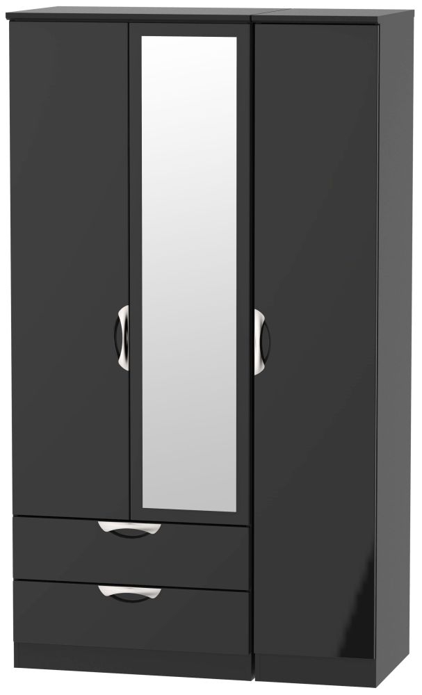 Camden Wardrobe - 3 Door - Tall Combi - with 1 Mirror - LHF 2 Drawers - Black Gloss