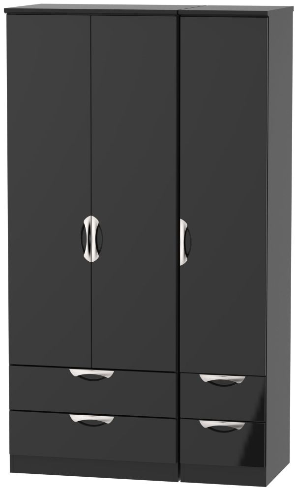 Camden Wardrobe - 3 Door - Tall Triple - with 4 Drawers - Black Gloss