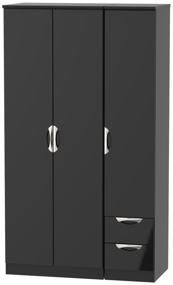 Camden Wardrobe - 3 Door - Tall Triple - with RHF 2 Drawers - Black Gloss