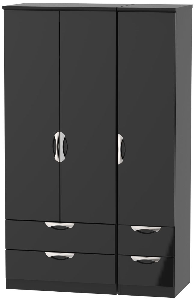 Camden Black Gloss 3 Door Triple Wardrobe - 4 Drawers