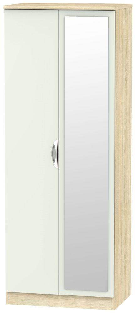 Camden Wardrobe - 2 Door Tall with 1 Mirror - Gloss Cashmere and Oak