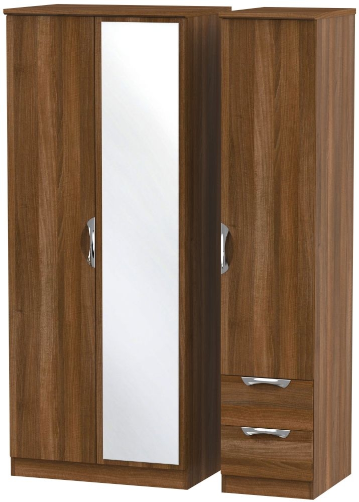 Camden Combi Wardrobe - 3 Door - 1 Mirror - RHF 2 Drawers - Walnut