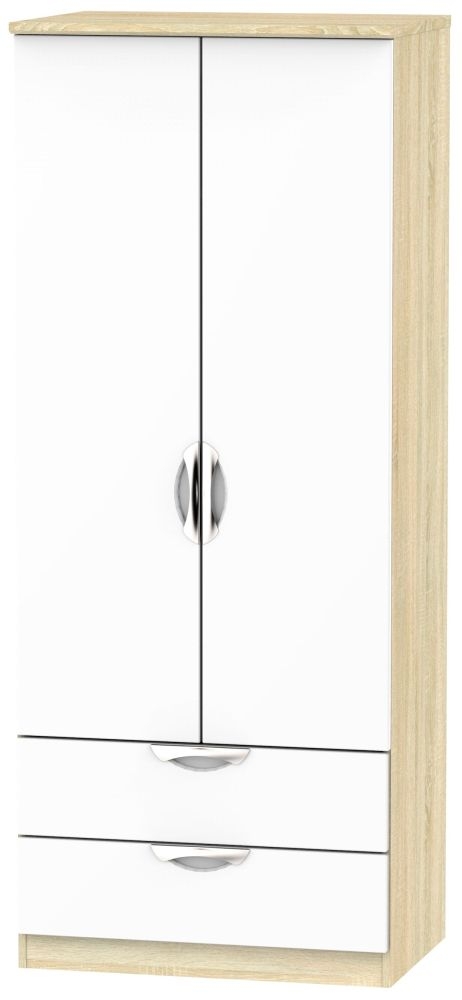 Camden White Gloss and Oak Effect 2 Door 2 Drawer Double Wardrobe