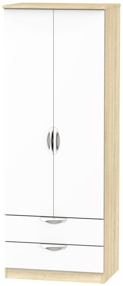 Camden White Gloss and Oak Effect 2 Door 2 Drawer Tall Wardrobe