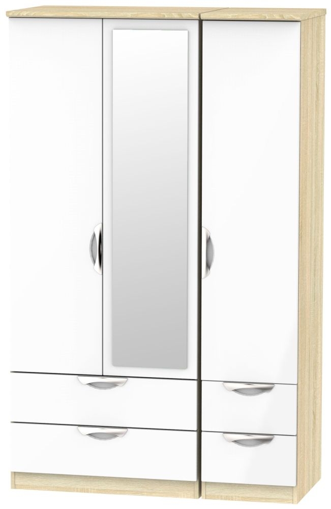Camden White Gloss and Oak Effect 3 Door Combi Wardrobe - 1 Mirror