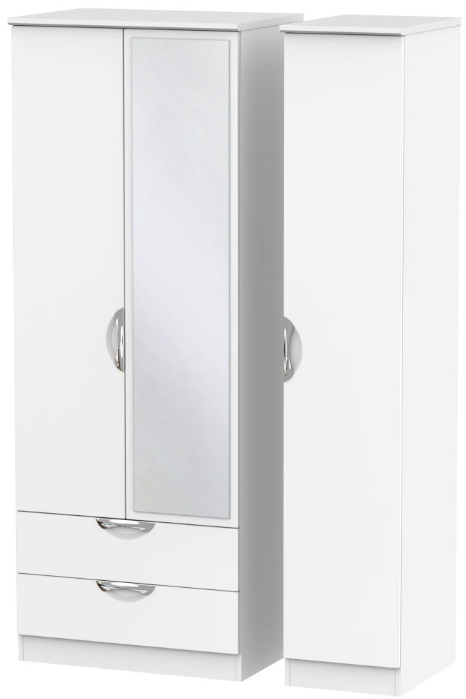 Camden White Matt 3 Door Tall Combi Wardrobe - 1 Mirror and LHF 2 Drawers