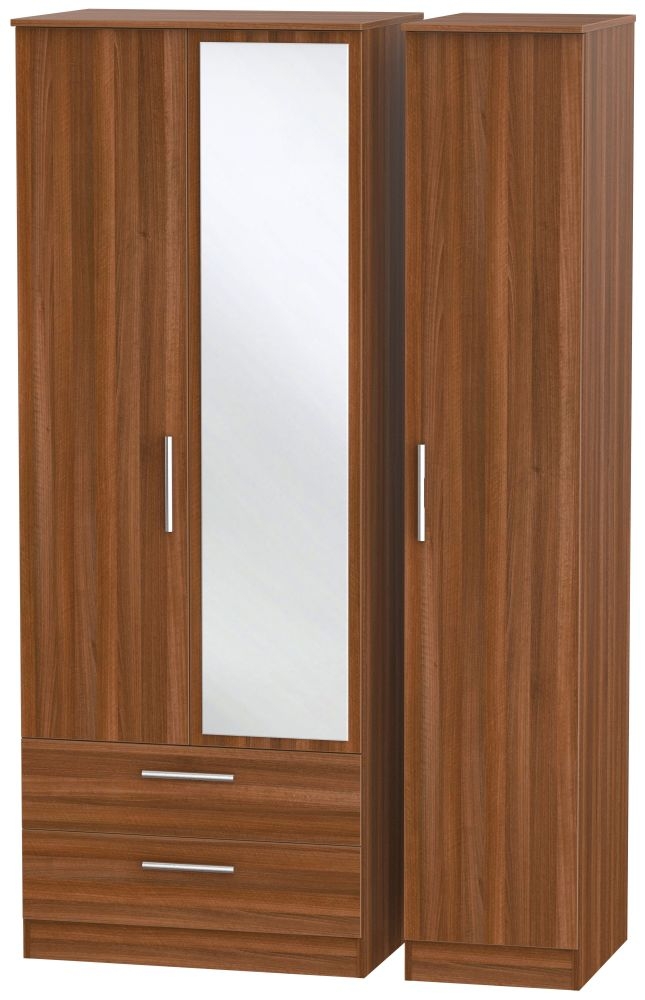 Contrast Tall Combi Wardrobe - 3 Door - 1 Mirror - LHF 2 Drawers - Noche Walnut