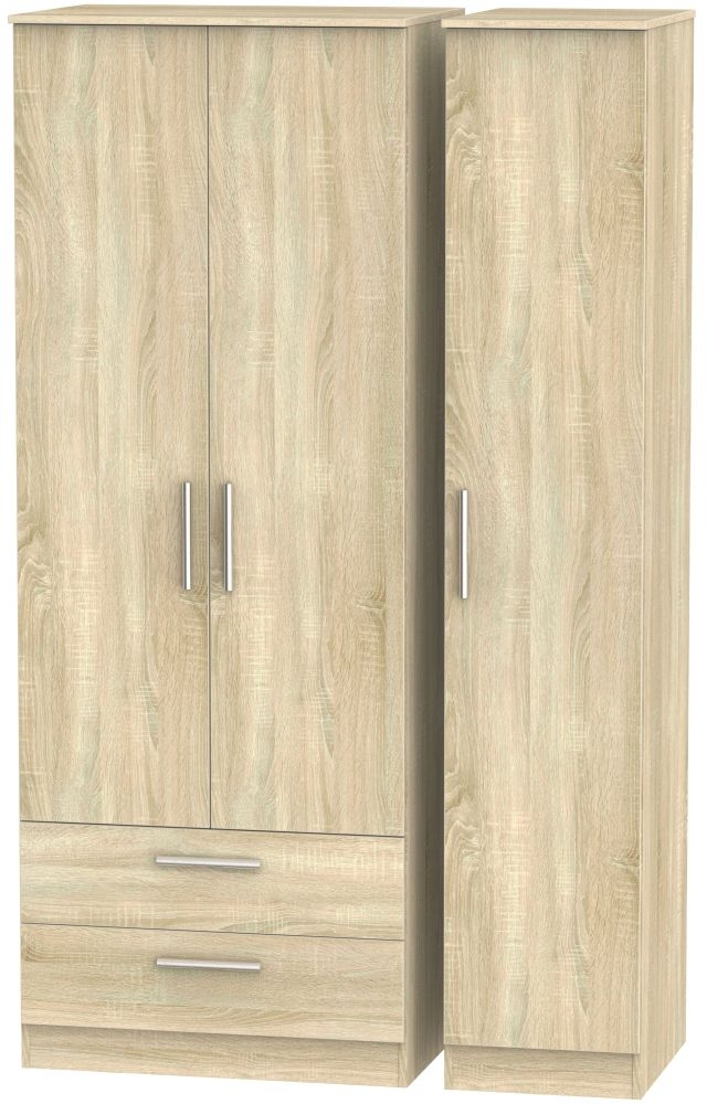Contrast Oak Effect 3 Door Triple Wardrobe - LHF 2 Drawers