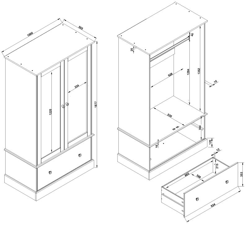 Cotswold Wardrobe - 2 Door - Combi - Pine