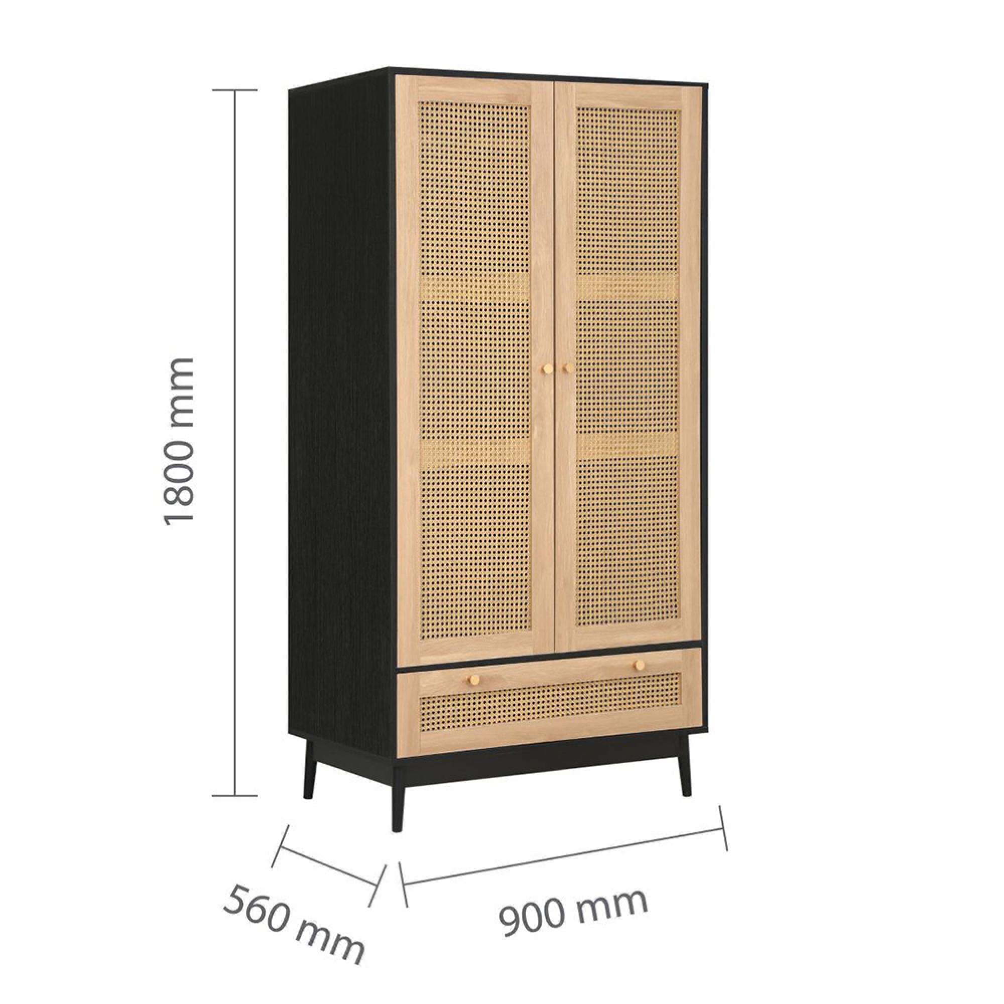 Croxley Wardrobe - 2 Door - 1 Drawer - Black and Rattan
