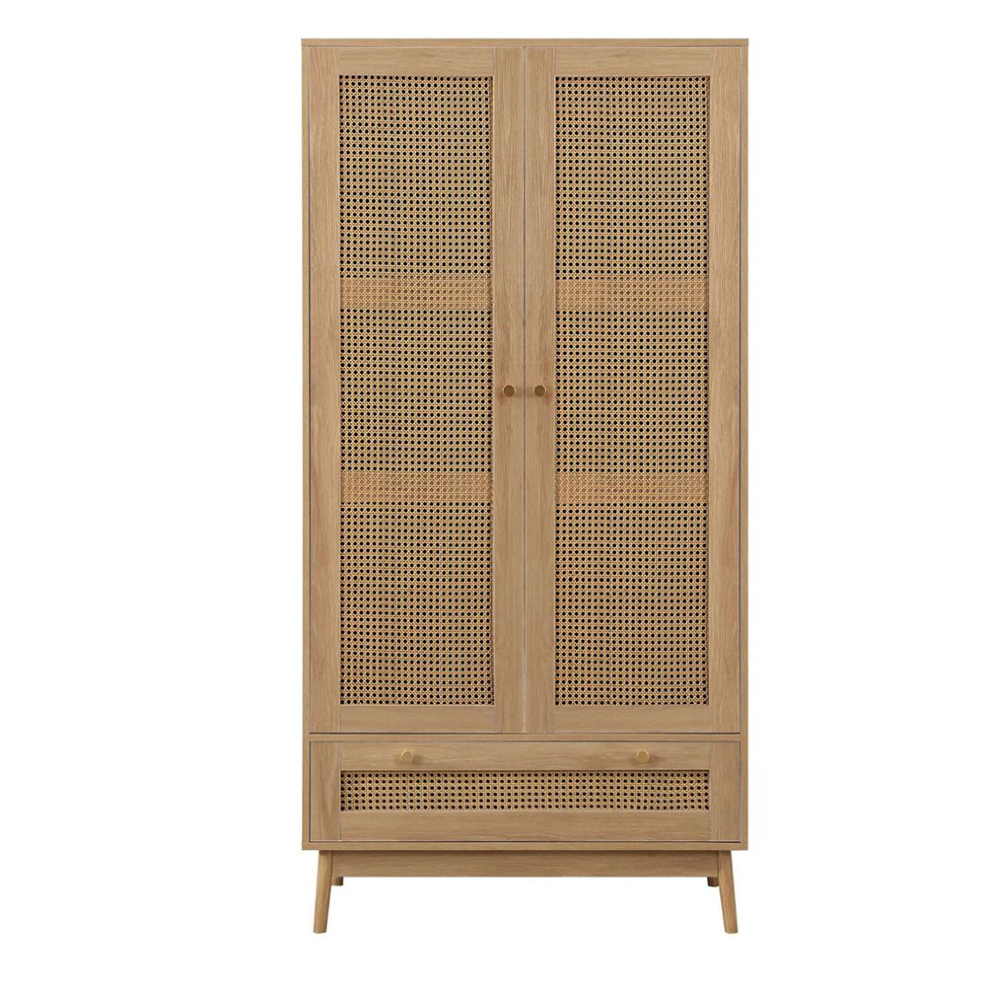 Croxley Wardrobe - 2 Door - 1 Drawer - Oak and Rattan