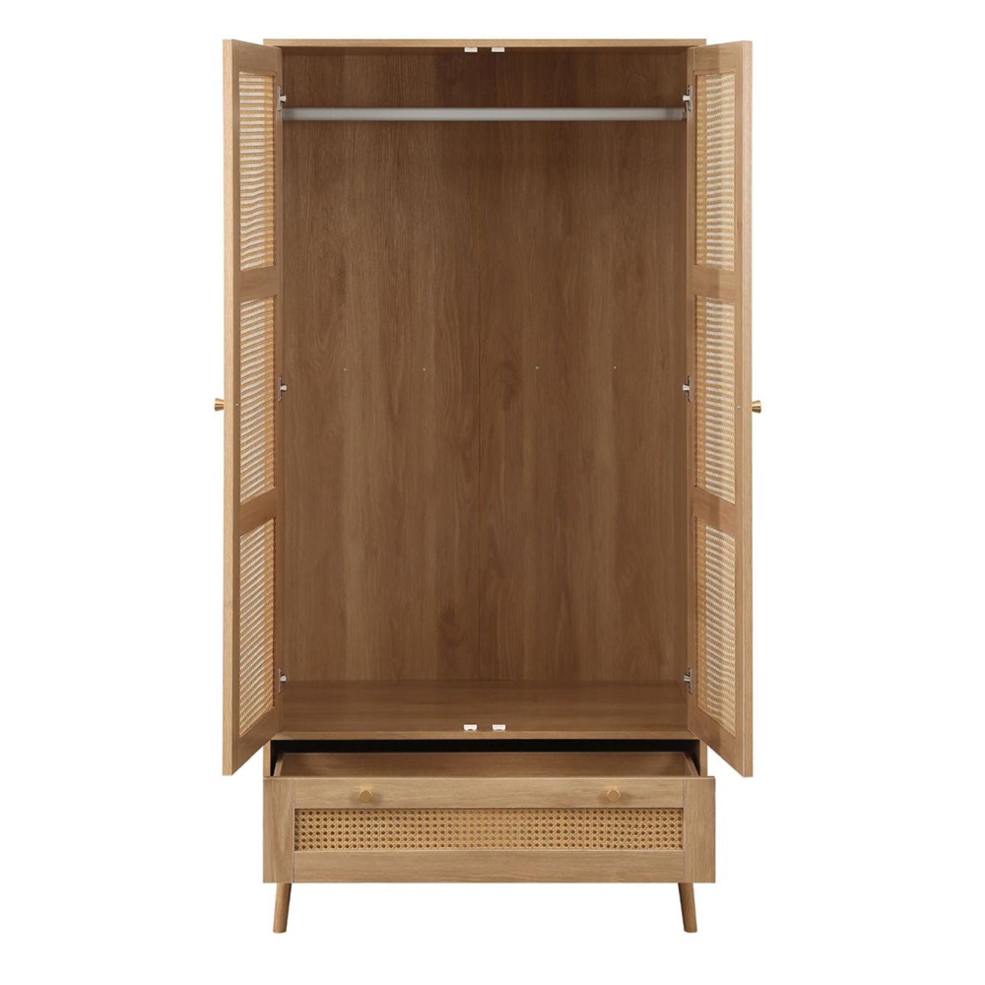 Croxley Wardrobe - 2 Door - 1 Drawer - Oak and Rattan
