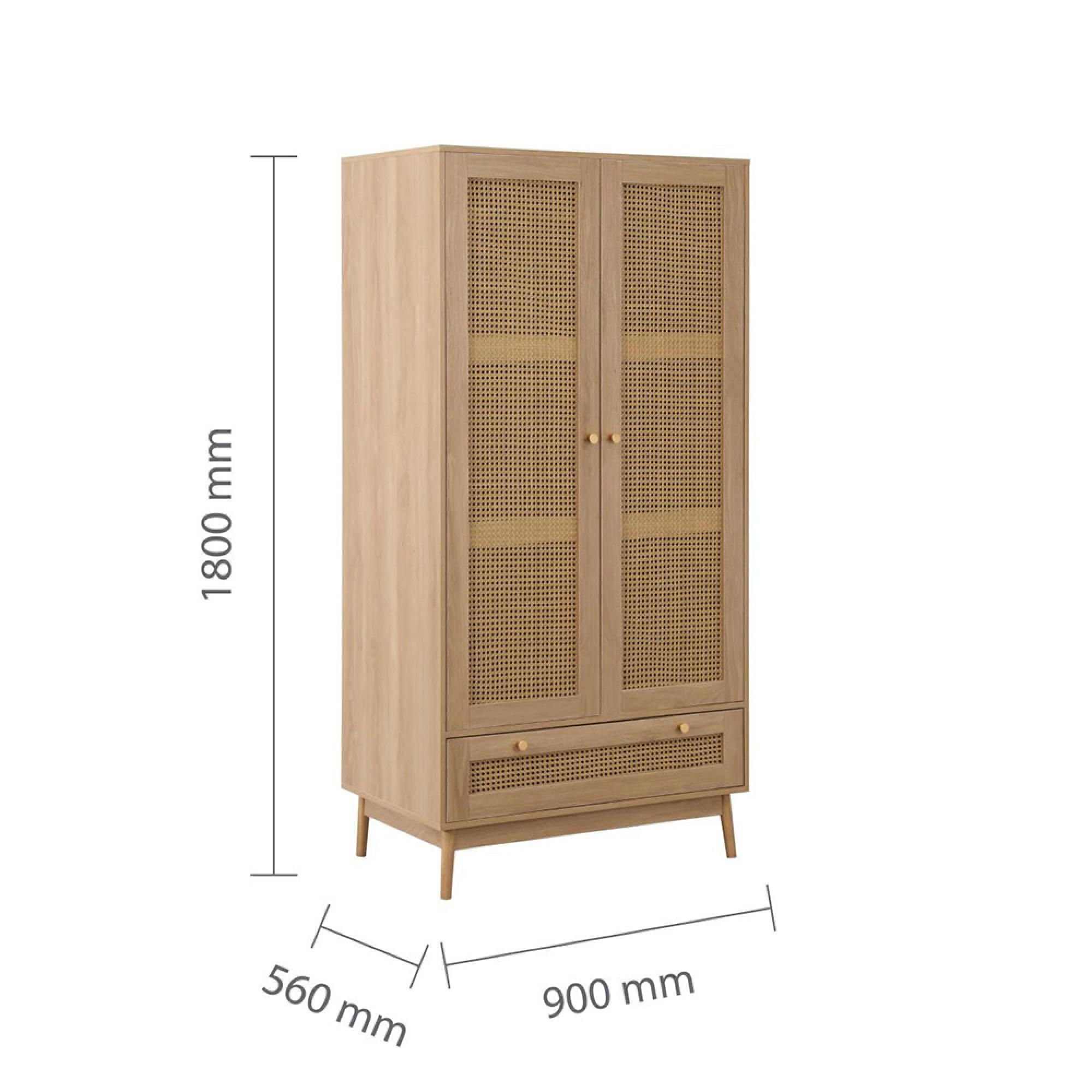 Croxley Wardrobe - 2 Door - 1 Drawer - Oak and Rattan