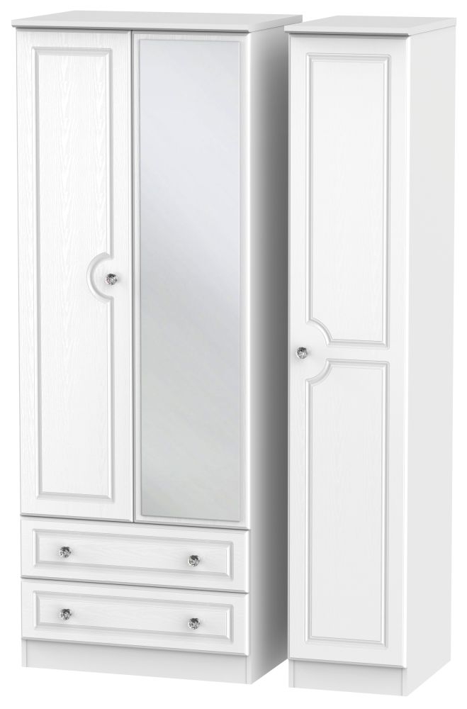 Crystal Tall Combi Wardrobe - 3 Door - 1 Mirror - LHF 2 Drawers - White