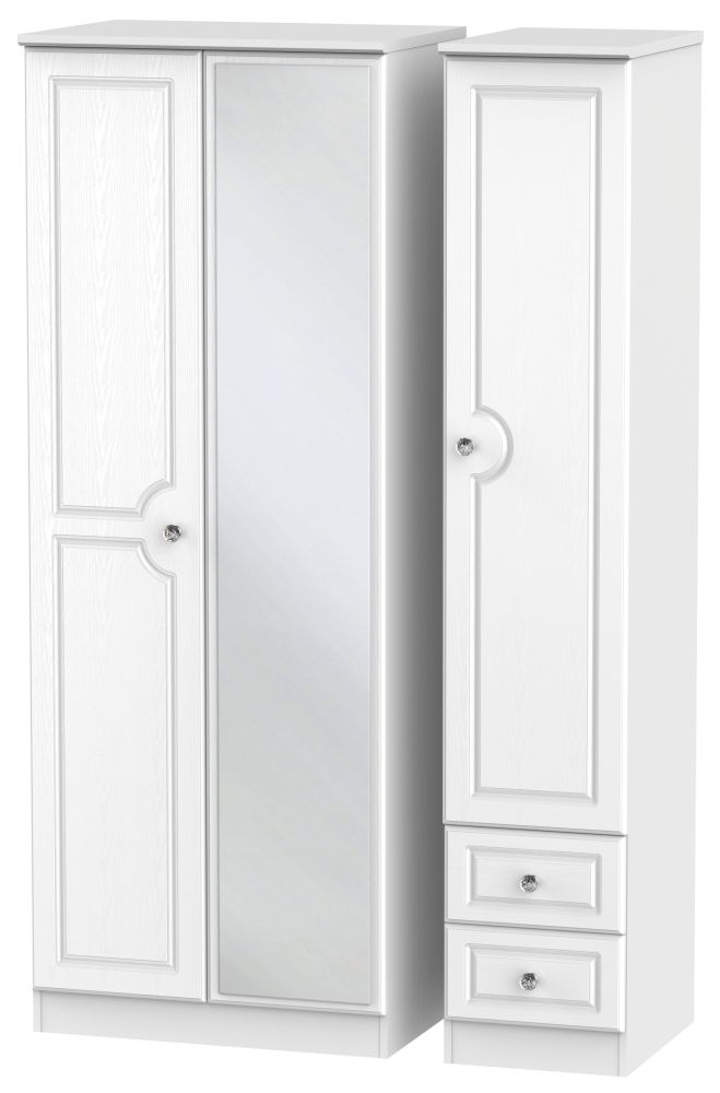 Crystal Tall Combi Wardrobe - 3 Door - 1 Mirror - RHF 2 Drawers - White