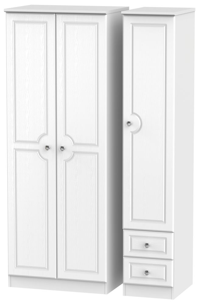 Crystal Tall Triple Wardrobe - 3 Door - RHF 2 Drawers - White