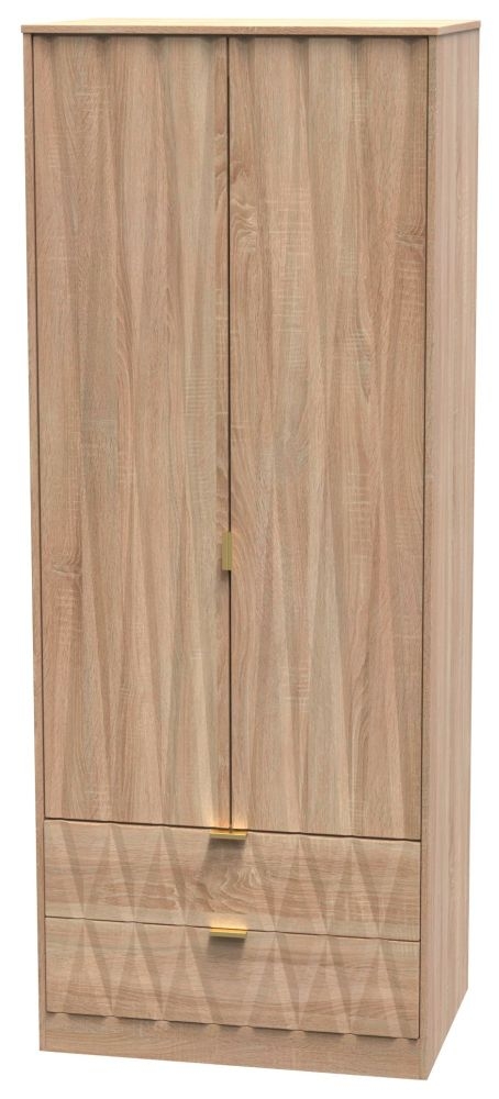Diamond Tall Wardrobe - 2 Door - 2 Drawer - Oak
