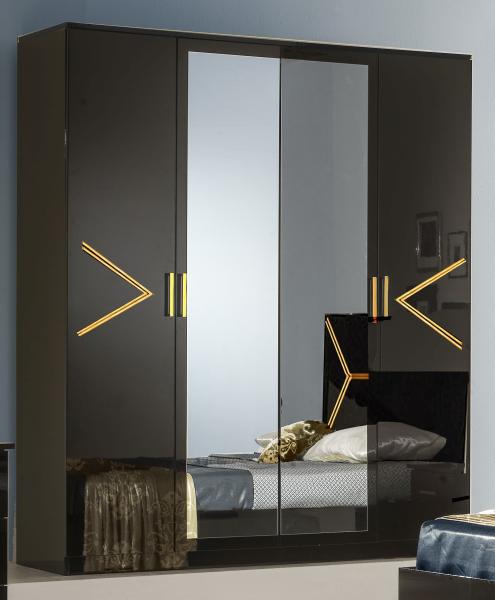 Elegance Black Italian 4 Door Wardrobe with Mirrors
